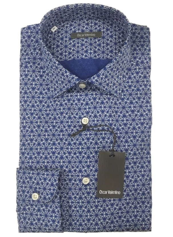 Camicia manica lunga cotone - bianco fantasia/fondo blu- OSCAR VALENTINO