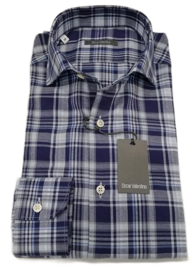 Camicia manica lunga in caldo cotone - blu/grigio quadro scozzese- OSCAR VALENTINO