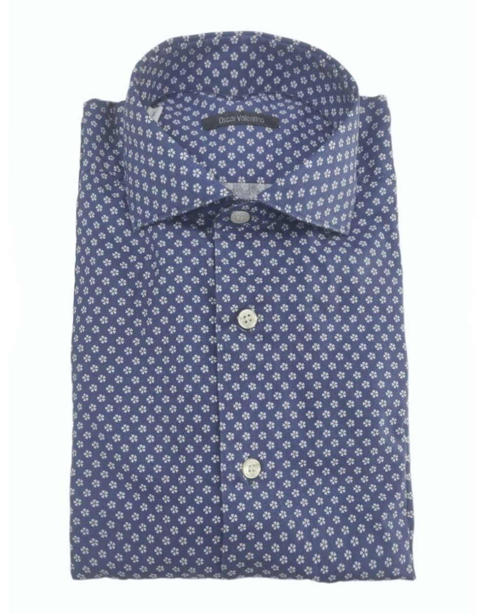 Camicia manica lunga cotone lavato - fiori bianchi su fondo blu - OSCAR VALENTINO